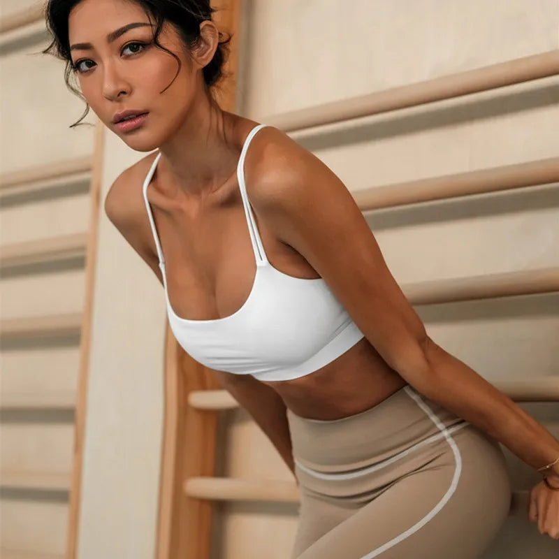 white spaghetti strap yoga bra