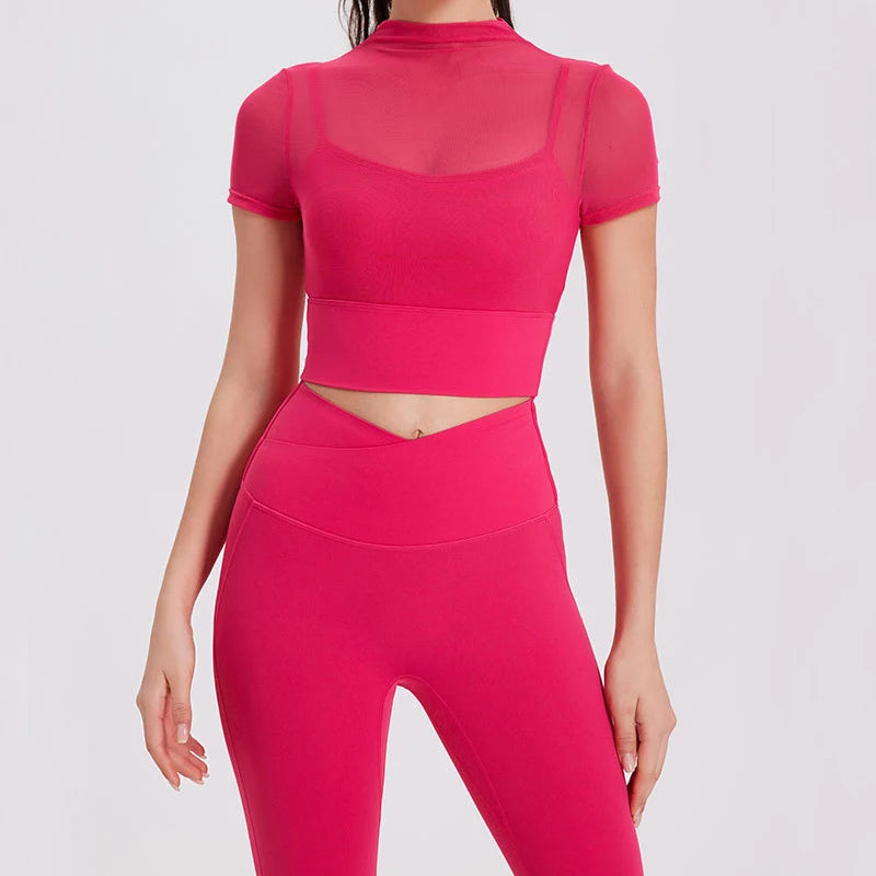 Short Sleeve Mesh Top Yoga Set